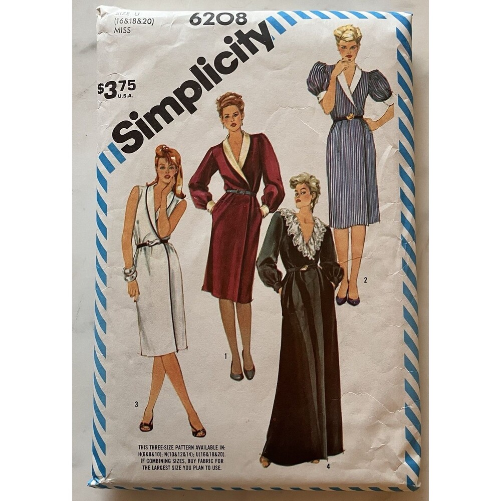 Simplicity 6208 V Neck Wrap Dress Pockets Collar Misses Sz 16‎ 18 20 Pattern Cut